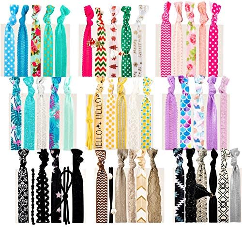 79STYLE 50pcs Elastic Hair Ties No Crease Ouchless Cute Print Ribbon Ponytail Holders Braid Soft Fabric Yoga Twist Cute Hair Ties Hair Accessories Hand Knotted Fold Over Solid Colors (50 Multi-colored)