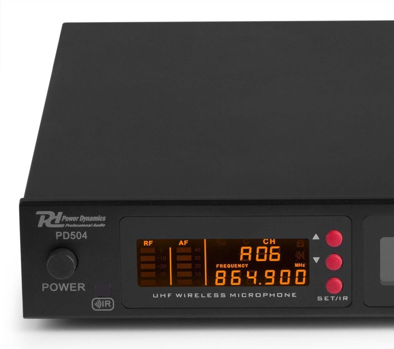 Power Dynamics PD504B UHF Set de Micrófonos inalámbricos. El Pack Incluye: un Receptor, 4 petacas emisoras, 4 bodypacks, 4 micrófonos de Diadema Color Beige y 4 micrófonos de Solapa