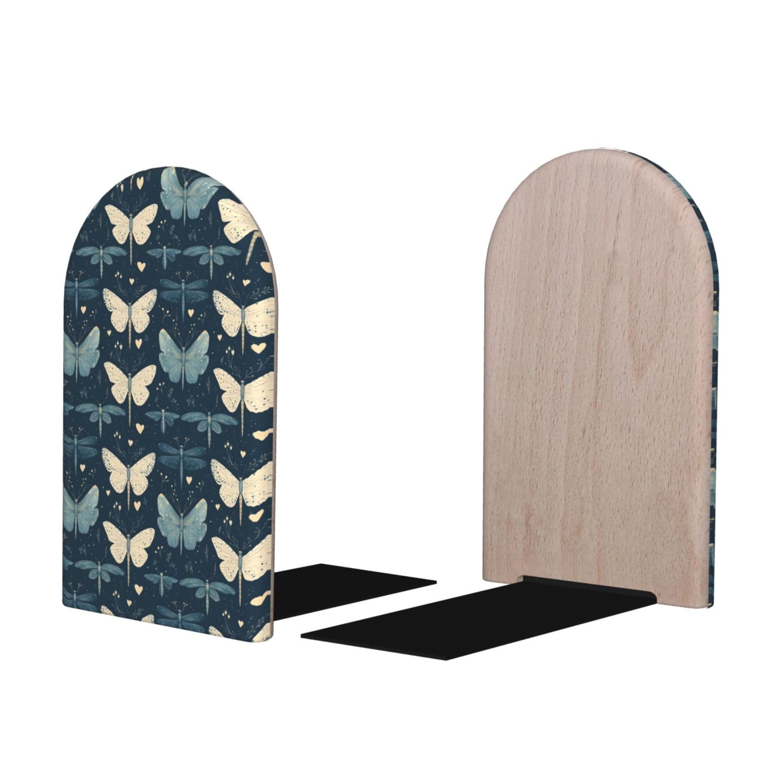 Elegant Butterfly Dragonfly Print BookEnds 1 Pair, Decorative Bookends for Heavy Books, Wood Book Ends for Shelves, Book Organizer for Home Desk Office Supplies