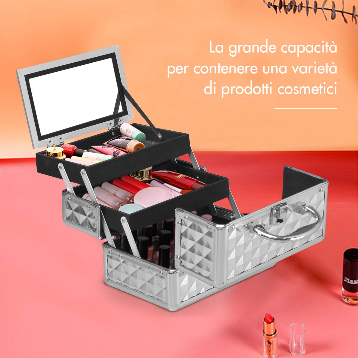 RELAX4LIFE Valigetta Rigida per Trucchi da Viaggio, Mini Valigia Portatile per Cosmetici in ABS e Alluminio, con Specchio, Manico e Chiusura, Design a Tre Strati Pieghevole, 23x15x18cm