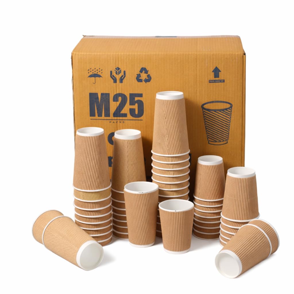 M25 Packs - 500 x Kraft 12oz Ripple Cups - 3 Ply Insulated Paper Cups - Disposable Paper Hot Coffee Tea Drinking Cups (NO Lids)