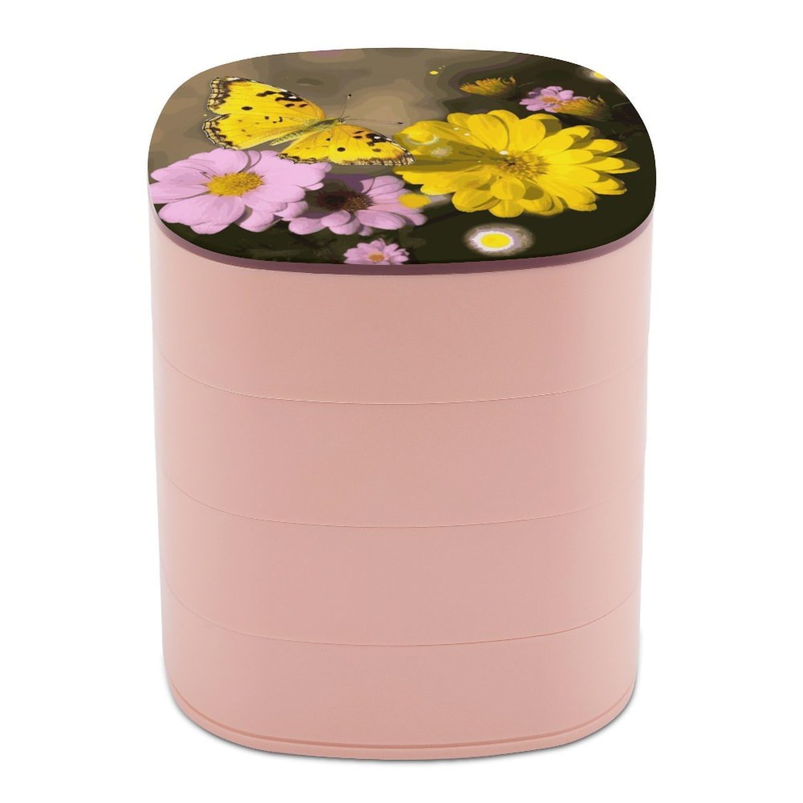 FekiLoot Rotating Yellow Butterfly And Flower Jewelry Box Large Capacity Jewelry Organizer with Mirror 4 Tier Hoop Ring And Earring Holder With Lid Small Travel Jewelry Case for Women