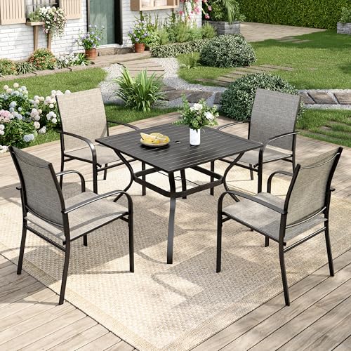 MIXPATIO 5 Pieces Patio Table and Chairs Set, 4 Person Outdoor Dining Furniture Set, 4 Brown Textilene Chairs and 37' Square Metal Table with Umbrella Hole, for Deck Backyard Lawn