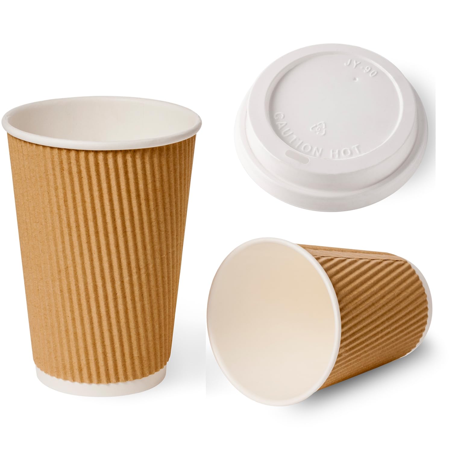 Sunrise Packaging Large 16oz / 440ml Kraft Ripple Hot Drinks Cups with Lids, 3Ply Insulated Paper Cups for Tea Coffee Cappuccino Drinking Cups (25)