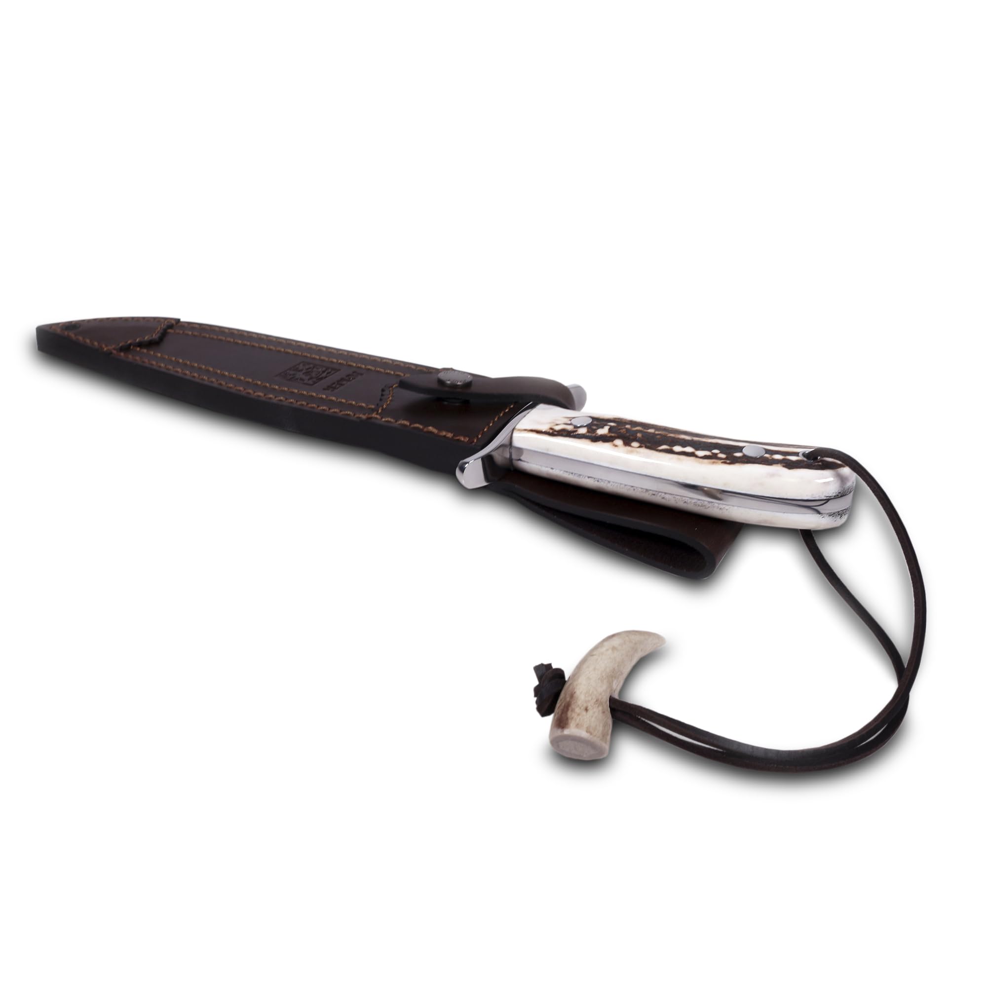 Joker Bowie Jagdmesser 9,45” CC139 mit Edelstahl-Schutz, Hirschhorngriffen, gerader Klinge von 23,5 cm, 554 gr, brauner Lederscheide, Werkzeug zum Angeln, Jagen, Campen und Wandern
