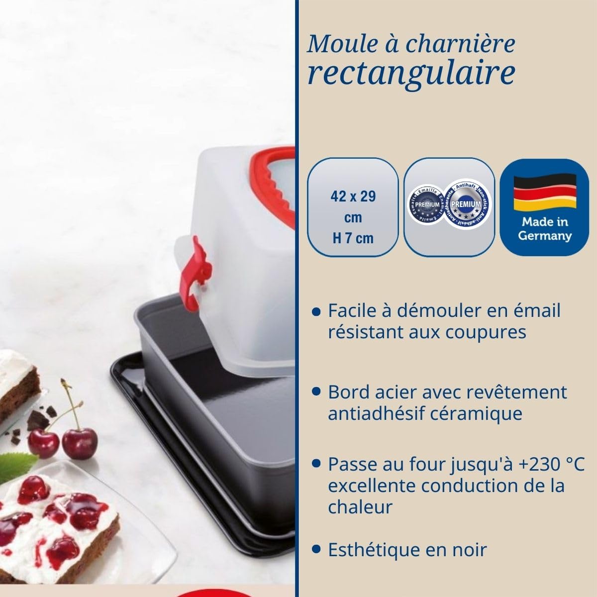 Dr. Oetker 1123 Moule à charnière rectangulaire couvercle de transport, plat a lasagne rectangulaire, moule à gâteau rectangle, plat au four, plat lasagne, Acier, Plastique, 42 x 29 x 7 cm
