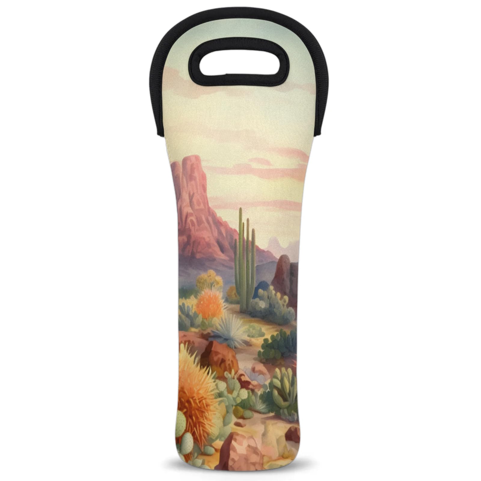 Neoprene Wine Tote Carrier Bag for Wine,Water, Champagne, Beer, Baby Bottles 15.6 x 5.1 Inches, Protective Wine Bag,Desert with Cactus