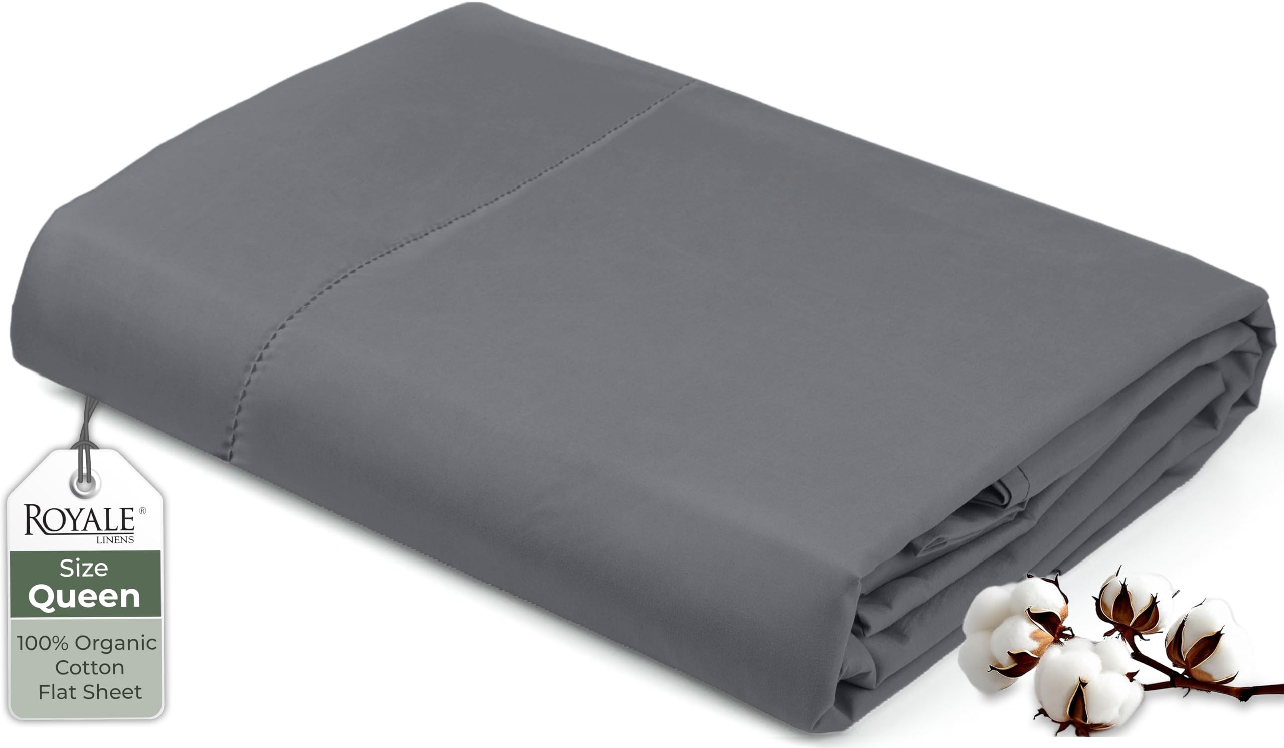 Royale Linens 100% Organic Cotton Queen Flat Sheet Only - Super Soft - Percale Top Sheets - Queen Flat Sheet Sold Separately - Breathable, Cool & Crisp Grey Sheets Only (90" x 102", Grey)