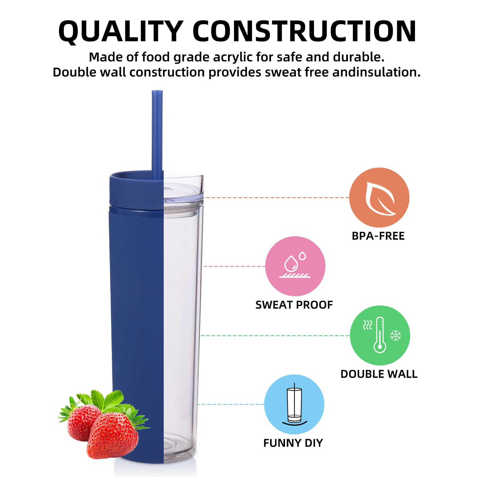 Volhoply Vaso delgado de plástico de 16 onzas con tapa y popote a granel, paquete de 10, vasos acrílicos mate aislados de doble pared sin BPA