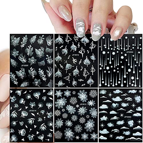 5D Embossed Relief Stereoscopic Pattern White Nail Art Stickers， Self-Adhesive White Snowflakes Sparkle Stars Nail Decals Design For Women Diy Acrylic Nail Decoration Supplies（6 Sheets） #TOP29