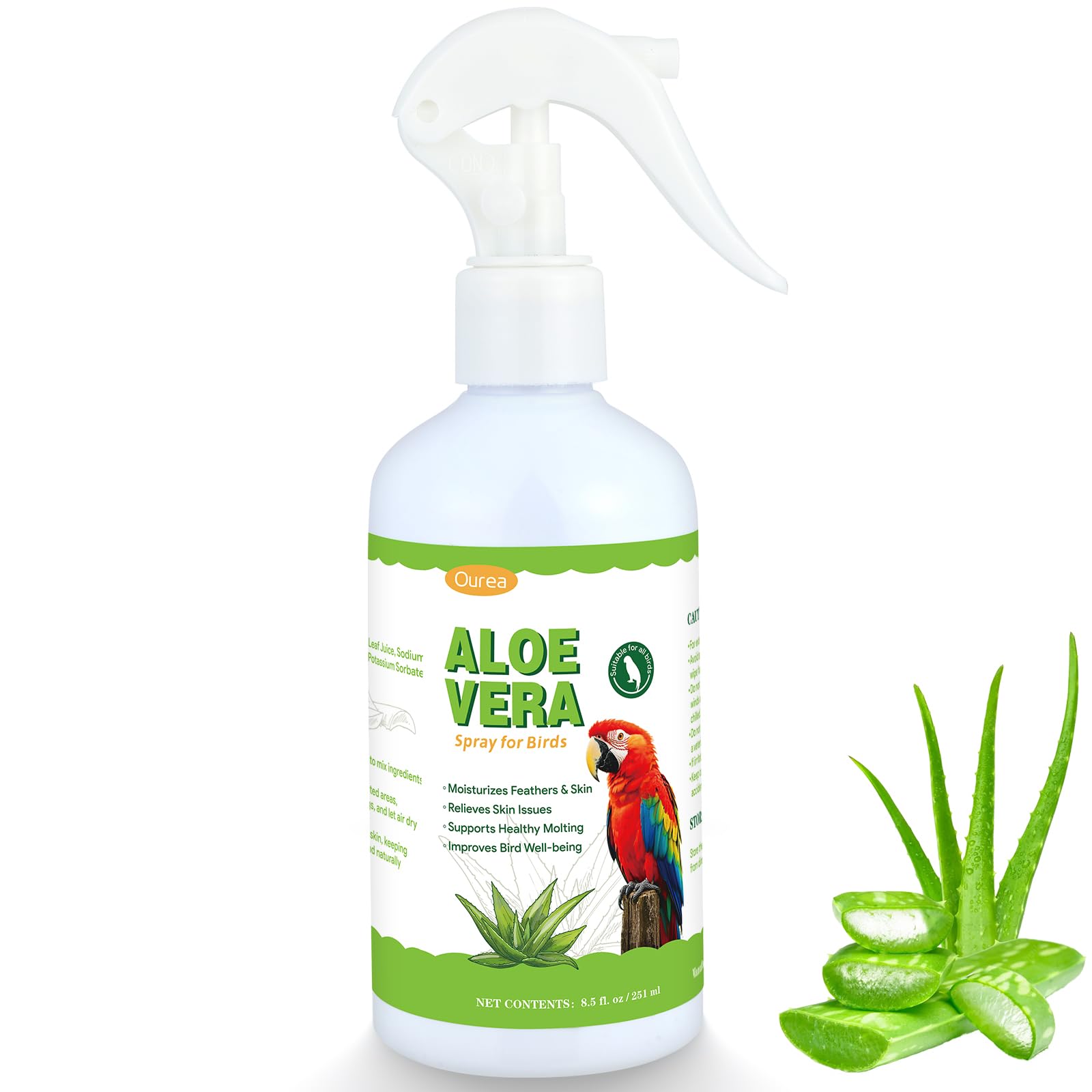 Aloe Vera Bird Spray, Moisturizes Feathers Soothes Dry Itchy Skin, Supports Molting Healthy Plumage, Prevent Feather Plucking Gentle Care, Safe