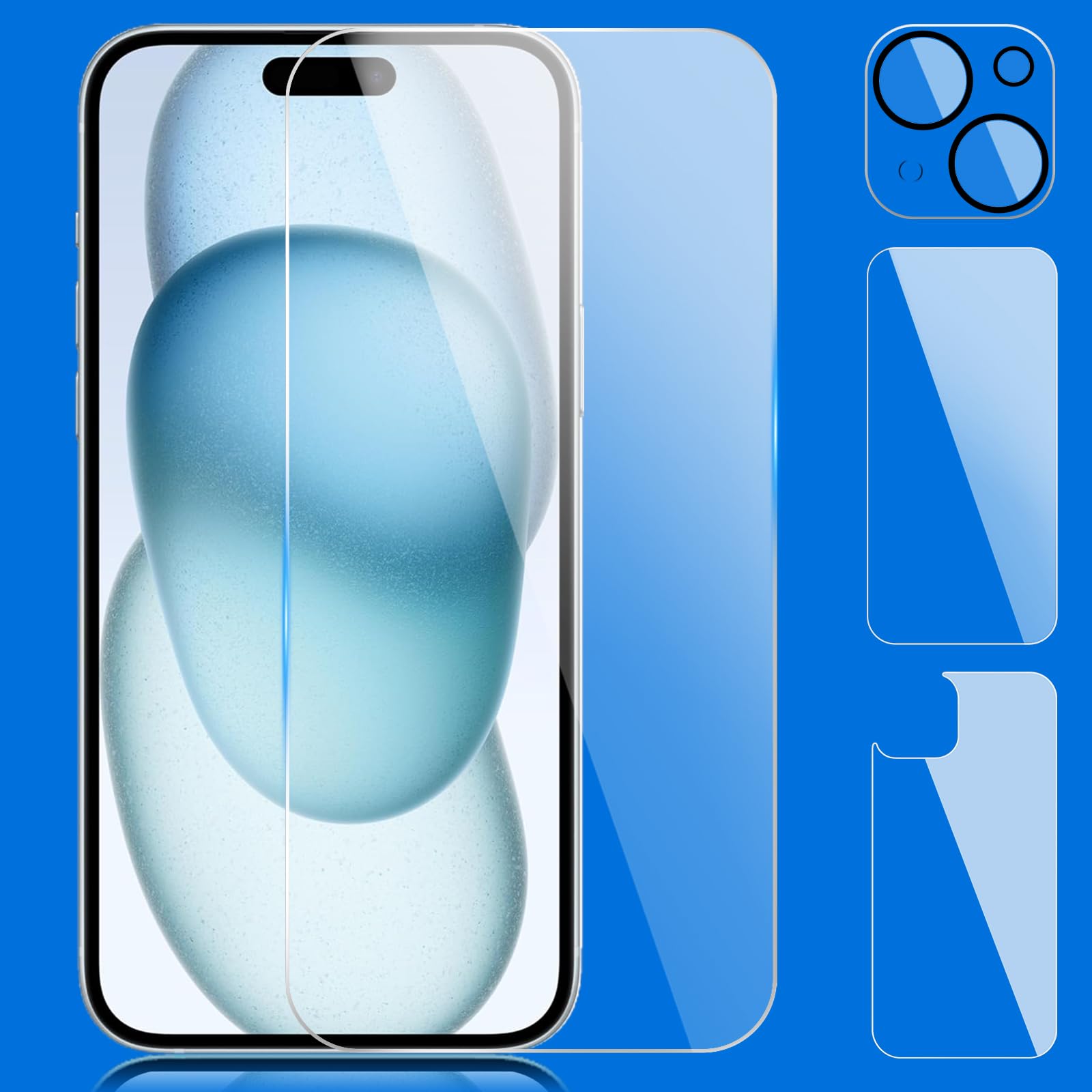 Siminsy Screen Protector for iPhone 15 Plus, Tempered Glass Screen Protector including Front and Back Protectors, Camera Protector, 3-in-1 Protection