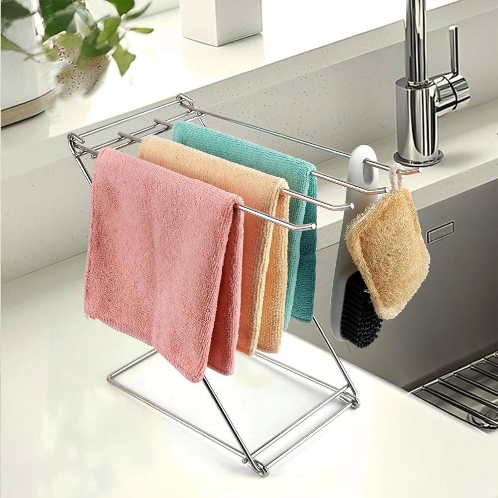 Foldable Stainless Steel Dish Cloth Rack – 4-Arm Countertop Towel Holder Stand, Free Standing Hand Towel Drying Rack for Kitchen and Bathroom, Space Saving Dishcloth Organizer (Silver)