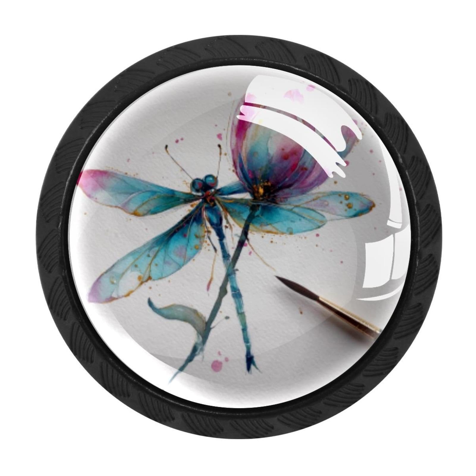CHENZZZZ 4 Pieces Kitchen Cabinet Knobs Watercolor Dragonfly Flower (2) Drawer Knobs Dresser Knobs Drawer Pulls Door Knobs Dresser Drawer Handles Knobs for Dresser Drawers
