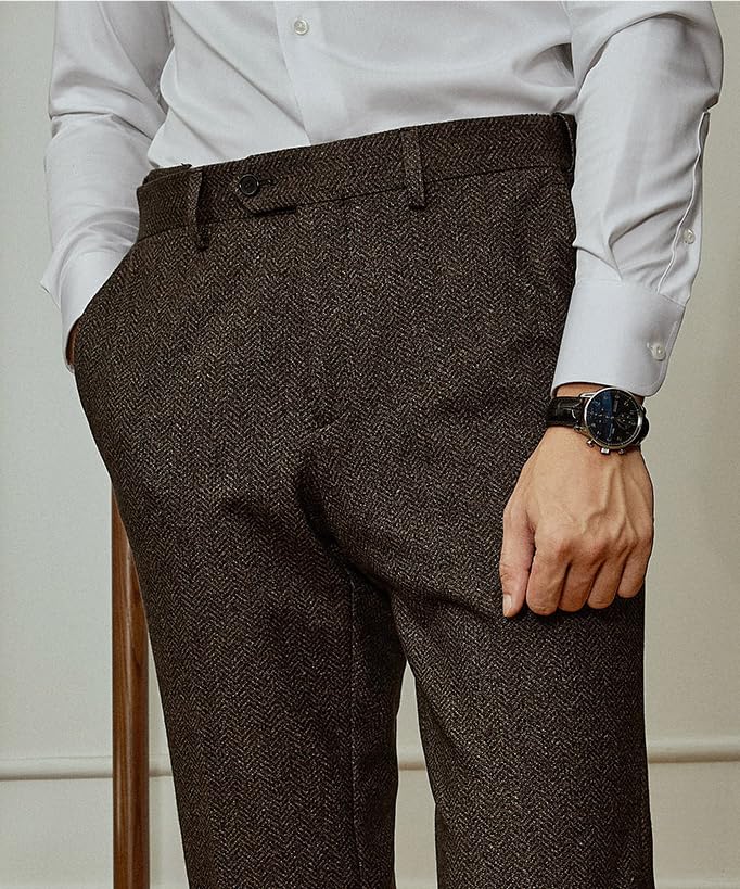 Men's Vintage Tweed Pants Herringbone Trousers Pleated Front Regular Fit Dress Pants 6
