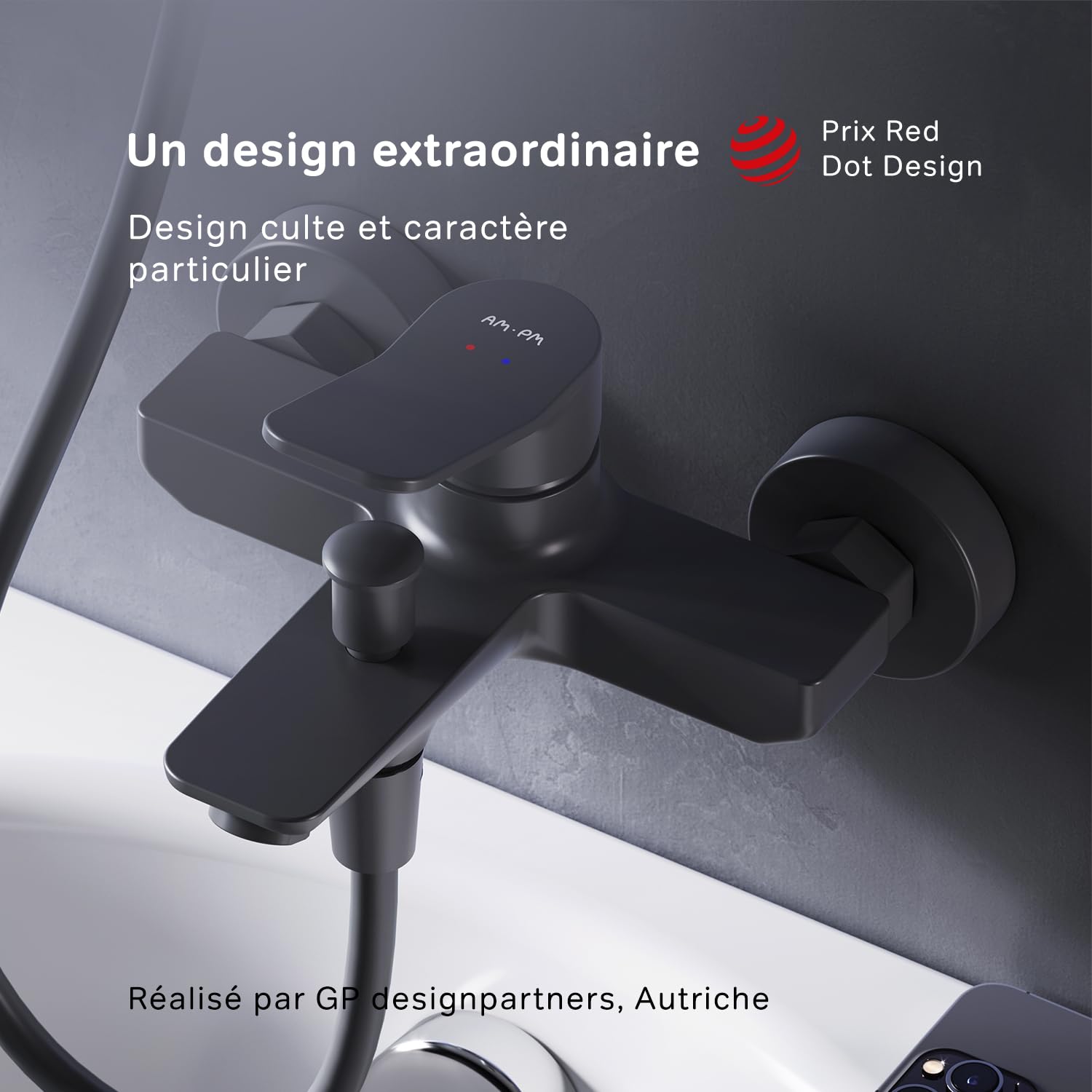 AM.PM Mitigeur de Bain Noir 2 Sorties Robinet Bain-Douche svec bec, à économie d'eau, Résistant aux fissures, Facile à nettoyer et à installer, X-Joy FXA10022