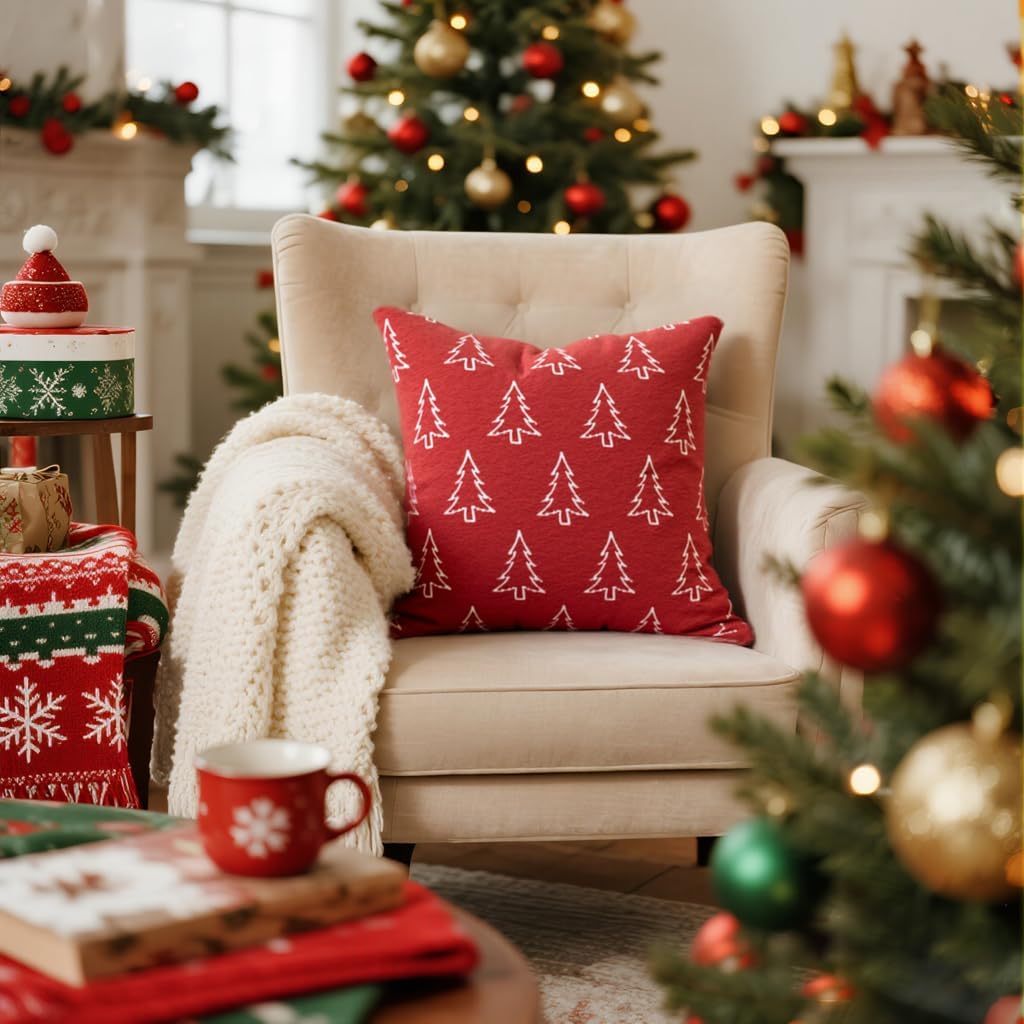 Christmas Chenille Pillow Covers 20x20 Set of 2, Reversible Snowflake & Tree Design, Cozy Farmhouse Holiday Throw Pillowcases with Hidden Zipper for Sofa, Couch and Bed(Red,20x20)