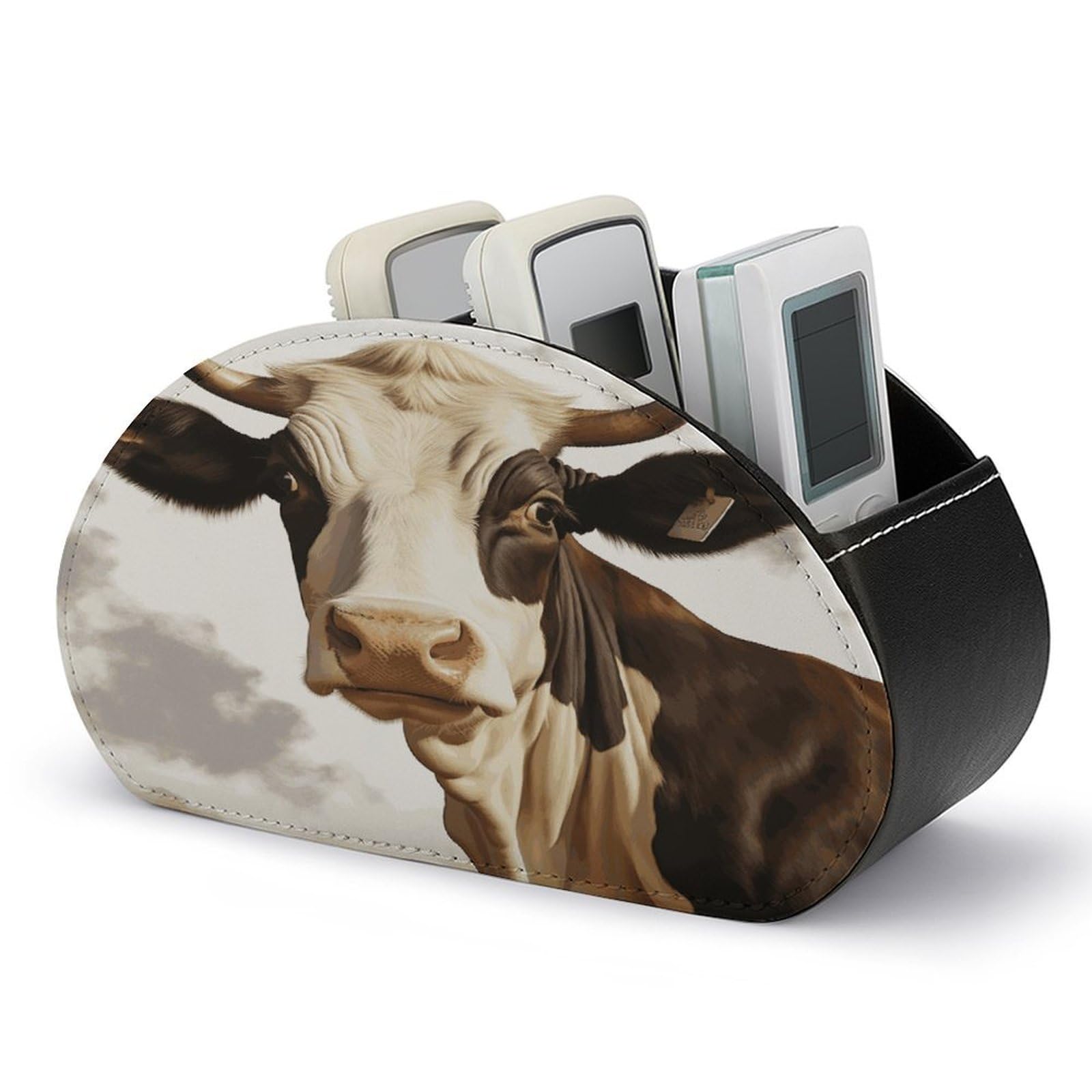 JTREHY Farm Animal Cow Remote Control Holder 5 Compartments Remote Caddy Tray PU Leather TV Remoter Storage Box Bedside Table Storage Organizer Office Desk Storage Case