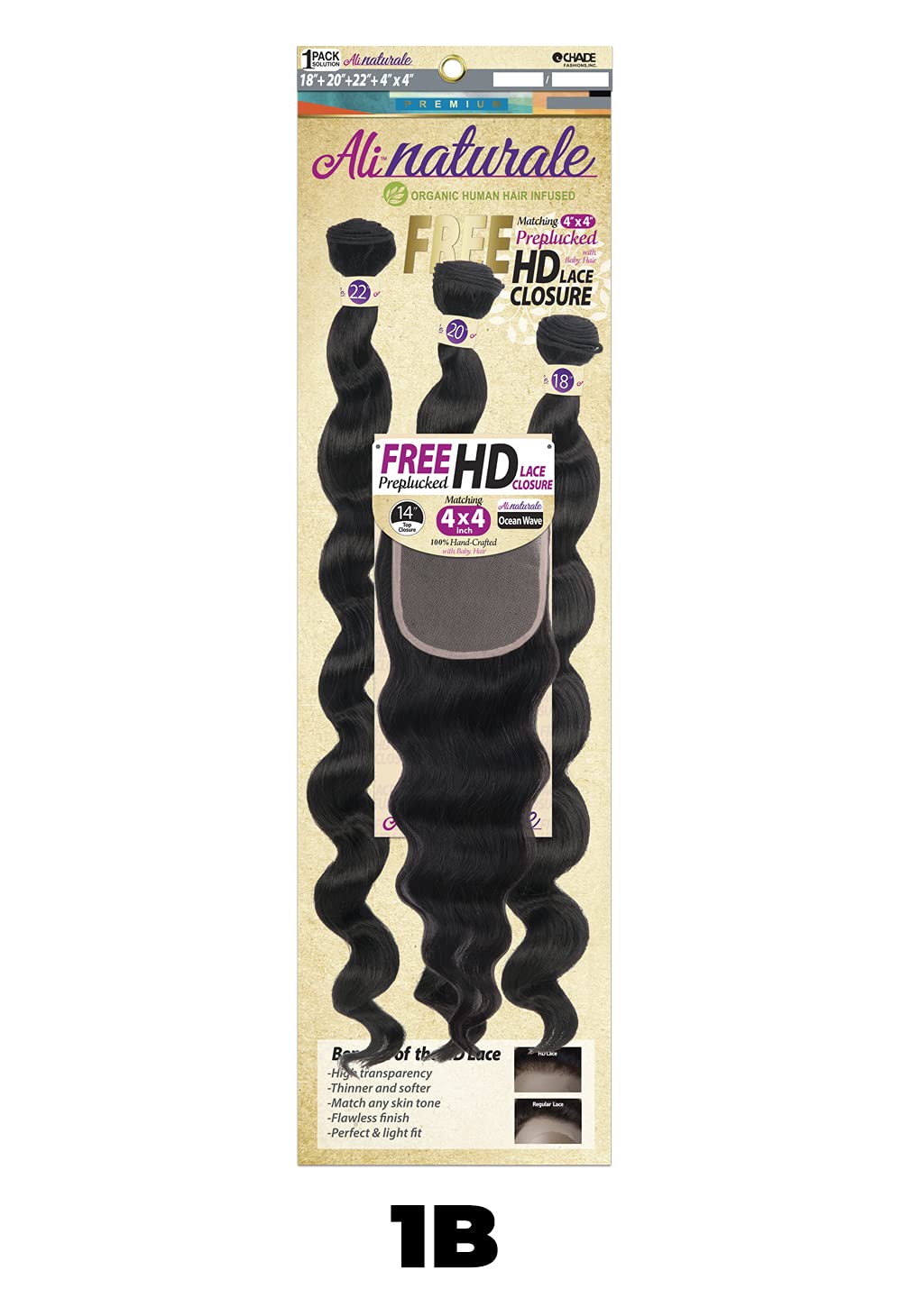 Chade Fashions Chade Fashions Ali Naturale Weave Straight 18 Inch , 20 Inch , 22 Inch + HD 4X4 Closure Human Hair Blended 1 Pack Solution - AN344S5 (1B)