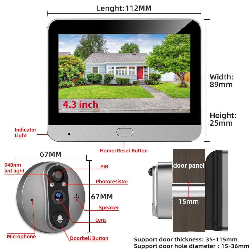 Wizjer do drzwi 3 PA, z kartą pamięci 32 GB, kolorowy ekran o przekątnej 4,3", 2K, bezprzewodowy dzwonek do drzwi, kamera z kątem 160° z akumulatorem 5000 mAh, wykrywanie ruchu PIR, bez opłat