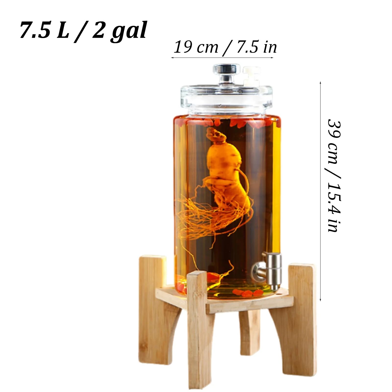 Distributeur de boissons en verre avec robinet en acier inoxydable, distributeur d'eau de 10 L avec support pour boissons glacées ou chaudes, jus, vin glacé, café – Remplissage facile à large