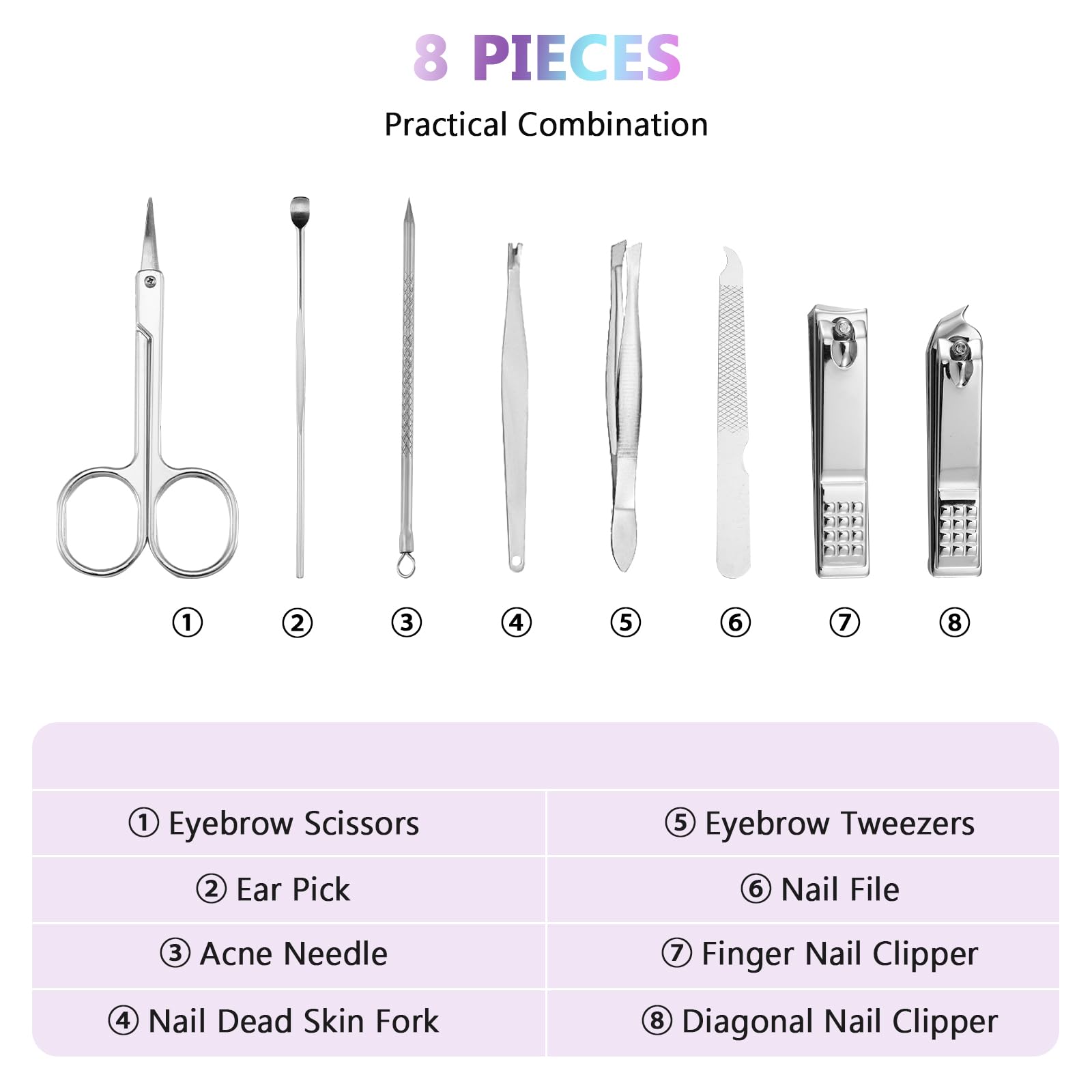 Lasnten Juego de 24 cortaúñas a granel, kit de manicura profesional de acero inoxidable, herramientas de pedicura con estuche de viaje, regalos para hombres y mujeres (láser, 8 en 1)