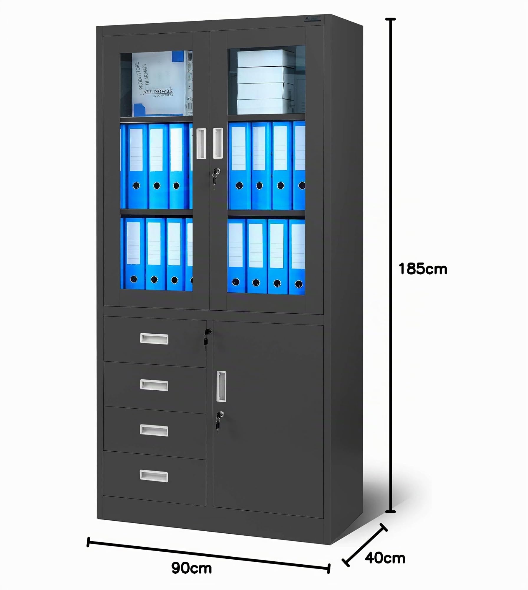 Armadio Archivio C042 Armadio per ufficio in metallo con 4 cassetti verniciatura a polvere 185 cm x 90 cm x 40 cm (A x L x P) (Antracite)