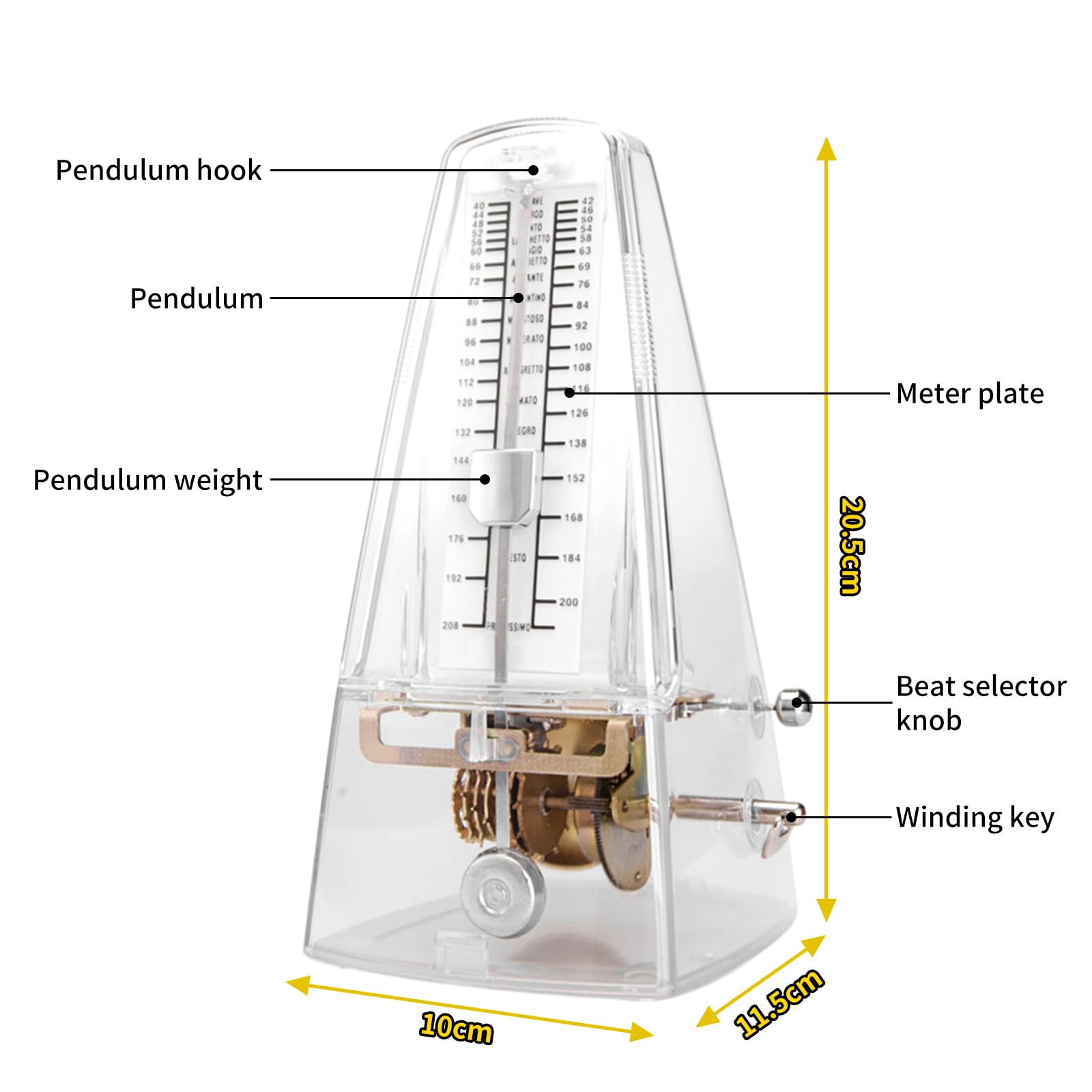 Mechanisches Metronom für Klavier Violine Gitarre Bass, Universales Hochpräzises Metronom, Transparent Hochpräzises Metronom Mechanisches, Lauter Klang, Track Beat und Tempo