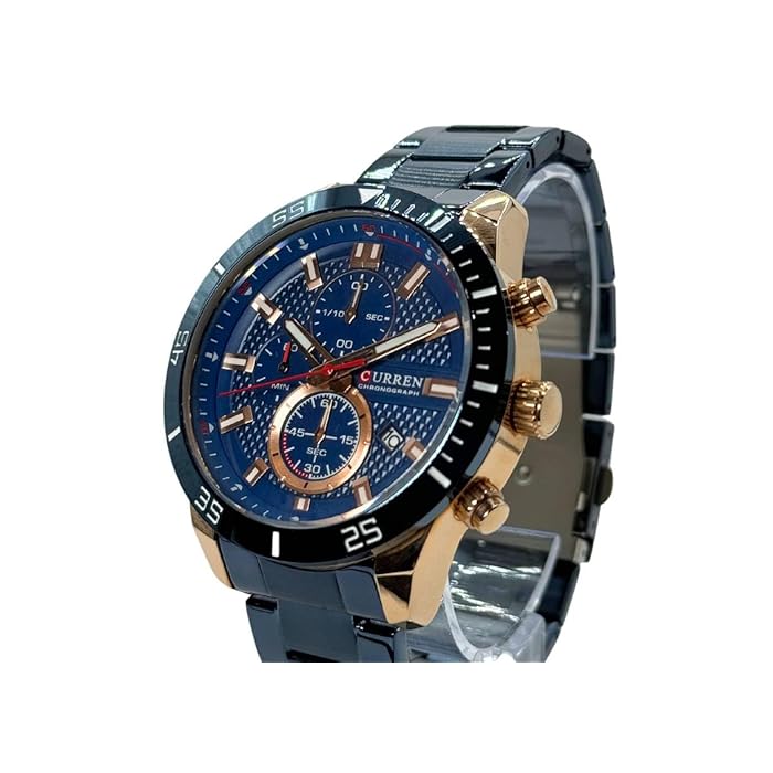 CURREN 8417. Reloj de Cuarzo para Hombre con Correa de Acero Inoxidable Azul y Esfera Azul con Detalles en Rojo, Blanco y Oro Rosa. Tiene función de Calendario y cronómetro. - Imagen 7