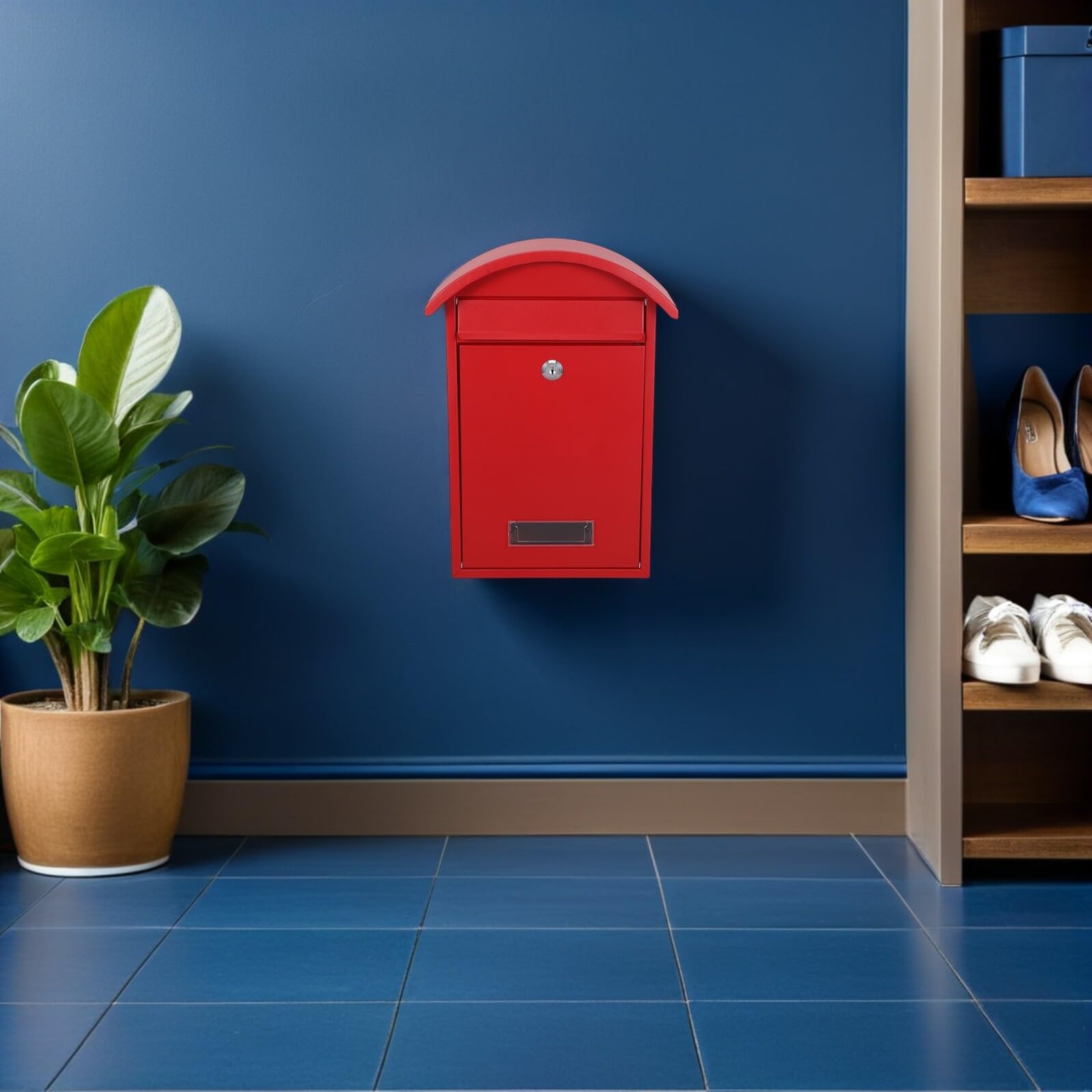 CALLARON Buzón de Pared para Exterior con Cerradura de Seguridad, Tamaño 35,5 X 25,4 X 10 Cm, Color Rojo, Fabricado en Hierro Resistente Intemperie, Adecuado para Hogar y Oficina
