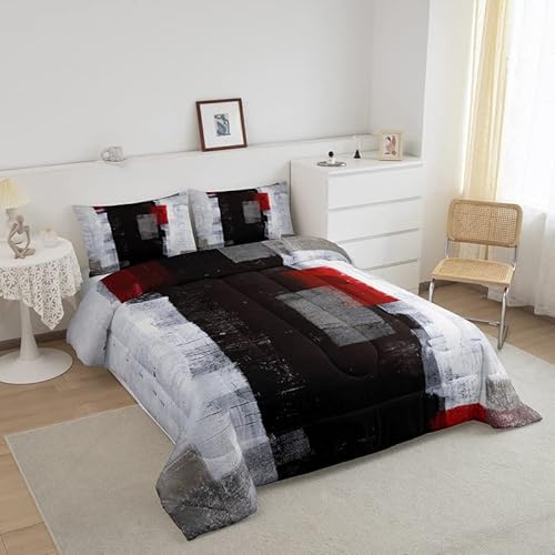 Feelyou Kids Abstract Art Comforter Set Vintage Red Black Messy Rust Bedding Set For Boys Decor Modern Grunge Art Comforter Retro Style Duvet Set Bedroom 3Pcs Queen Size #TOP1