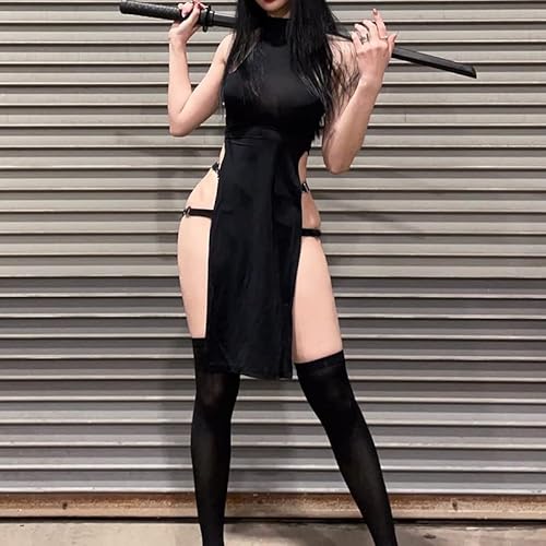 JasmyGirls Sexy Devil Cosplay Lingerie High Slit Babydoll Dress Halloween Anime Ninja Roleplay Outfit Goth High Waist Tank Dresses Black - Image 2
