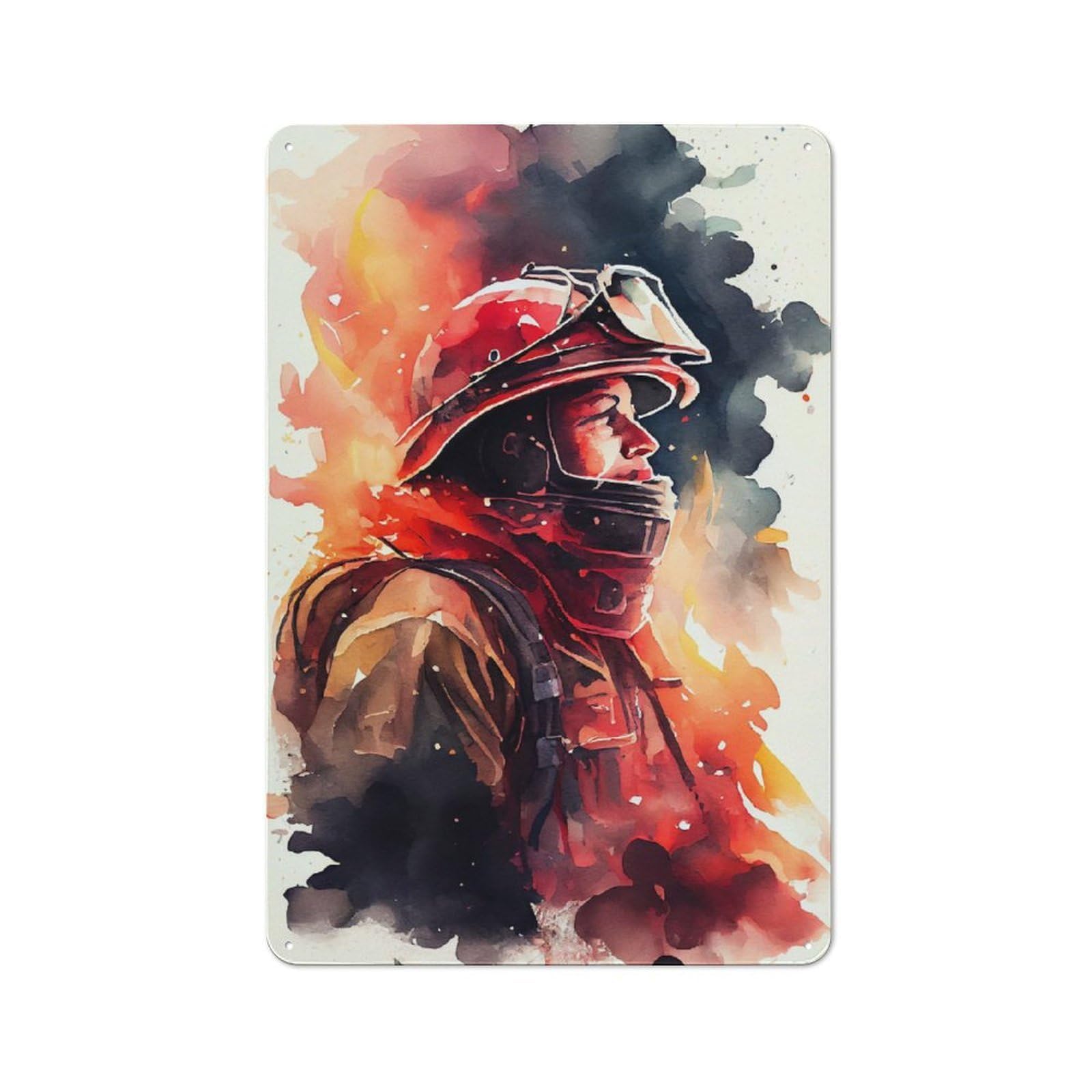 Tin Sign with Firefighter Watercolors Design 30x20cm, Weathered Look Industrial Wall Art for Workshop, Basement, Shed Or Games Room