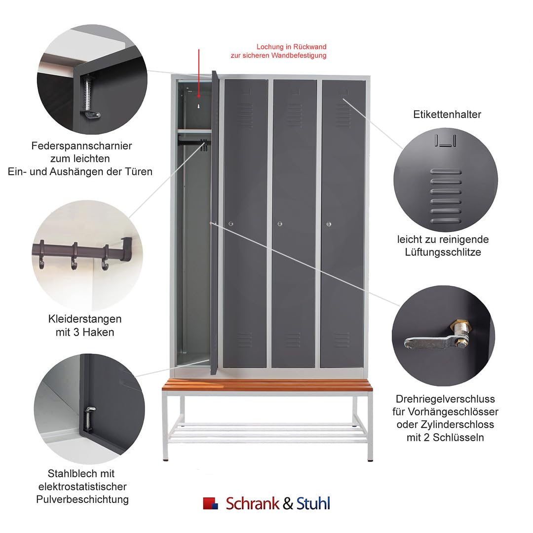 Schrank & Stuhl Spind – Metallspind mit 4 Abteilen und Sitzbank mit Schuhrost - 30 cm Abteilbreite, 220 x 117 x 80 cm, Schließfachschrank mit Hutboden & Zylinderschlössern, Grau/Anthrazit