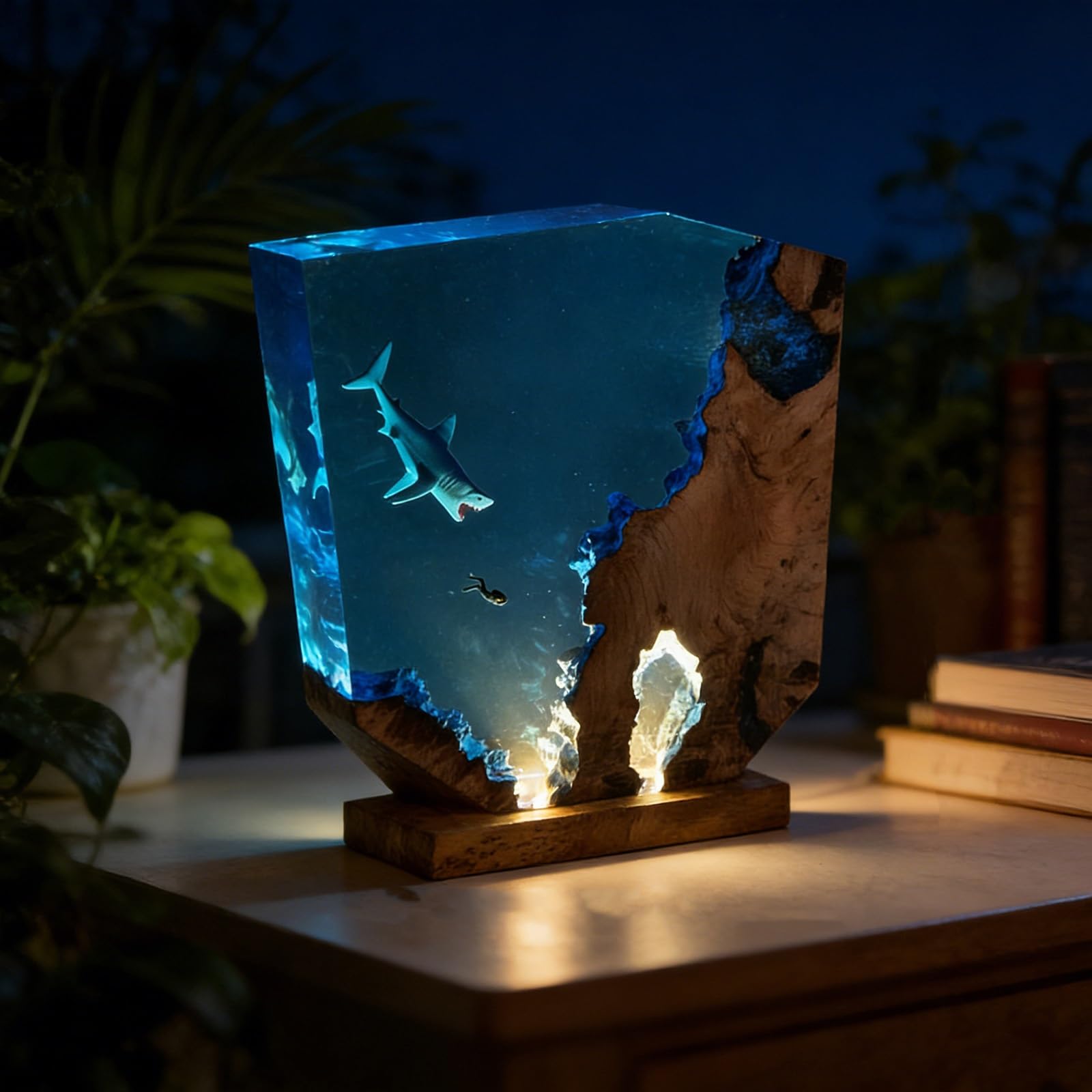 Lampada Resina Epossidica, Luce Notturna con Design Oceano 3D | Lampada LED artigianale in resina e legno per scrivania, comodino, camera e arredamento casa(15*13cm/5.9*5.1in)