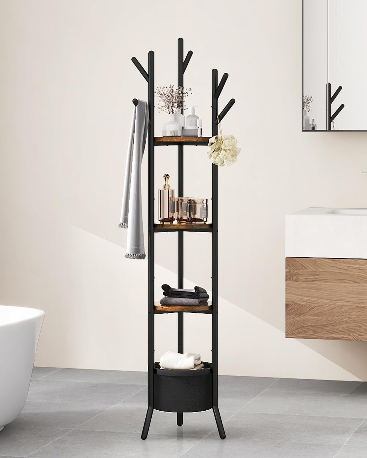 YMYNY Porte Manteau, Portant à Vêtements avec Étagères de Stockage, Arbres de Hall avec 1 Panier en Tissu, Meuble d'Entrée, Design Industriel, pour Chapeaux, Sacs Chambre, Marron Rustique HGR005H