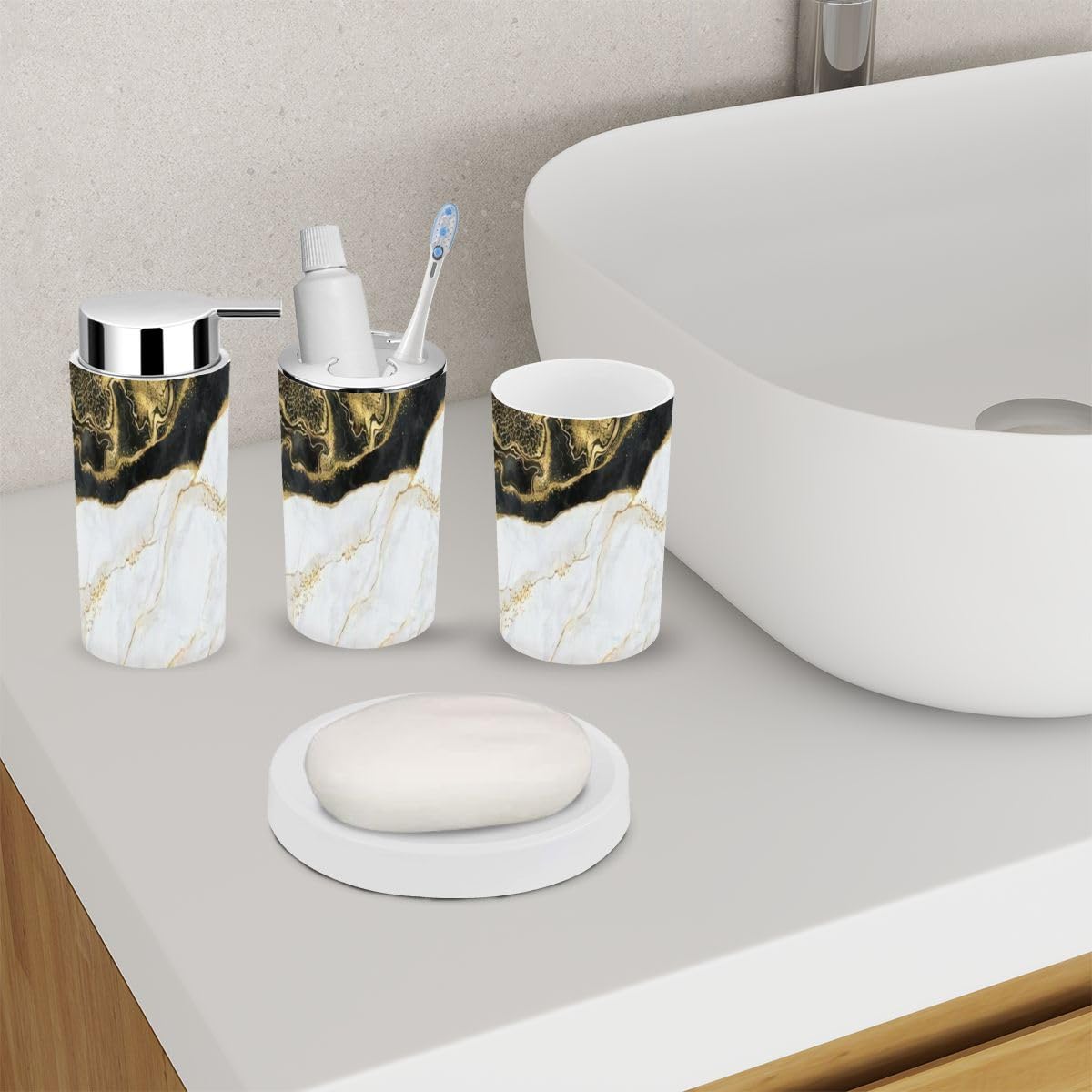 Bathroom Accessory Set 6 Piece Abstract Texture Black White Marble Gold Veins Decorative Toothbrush Holder, Toothbrush Cup, Soap Dispenser, Soap Dish, Toilet Brush Holder, Trash can for Countertop