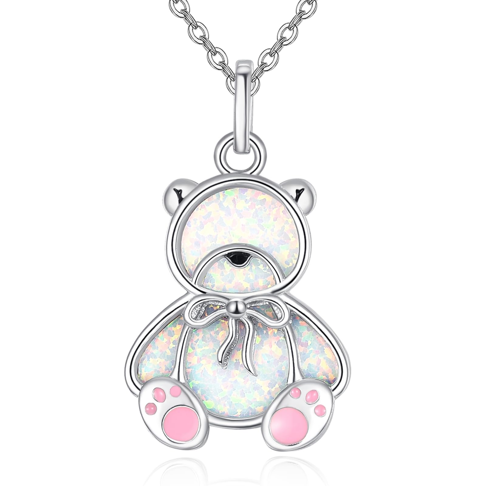 TANGPOET Teddy Bear Necklace Sterling Silver Opal Necklace for Women Teddy Bear Pendant Jewelry Gifts for Women