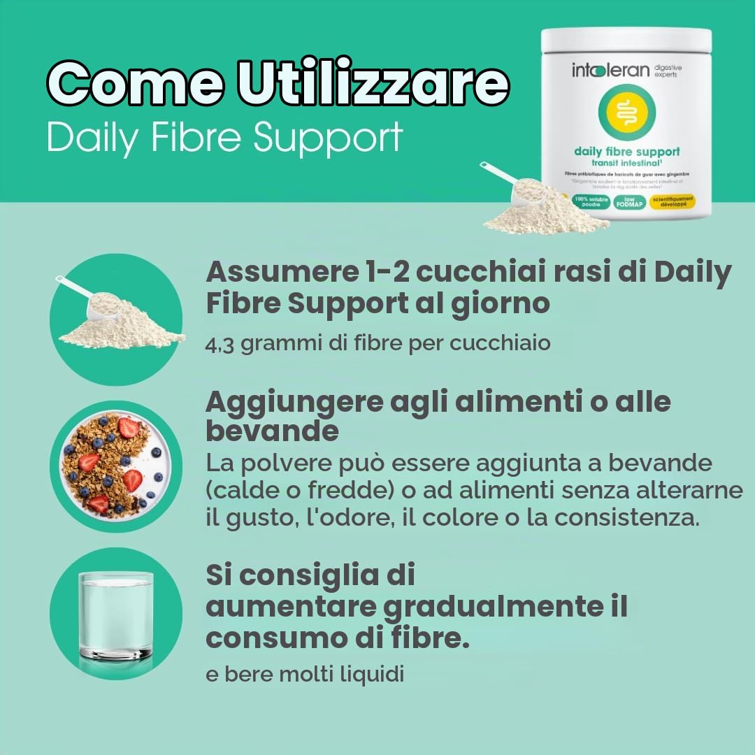 Intoleran Daily Fibre Support - 175 gram di Farina di Guar e Estratto di Zenzero | Per integrare l'assunzione giornaliera di fibre e supportare la funzione intestinale | 100% solubile | Low FODMAP