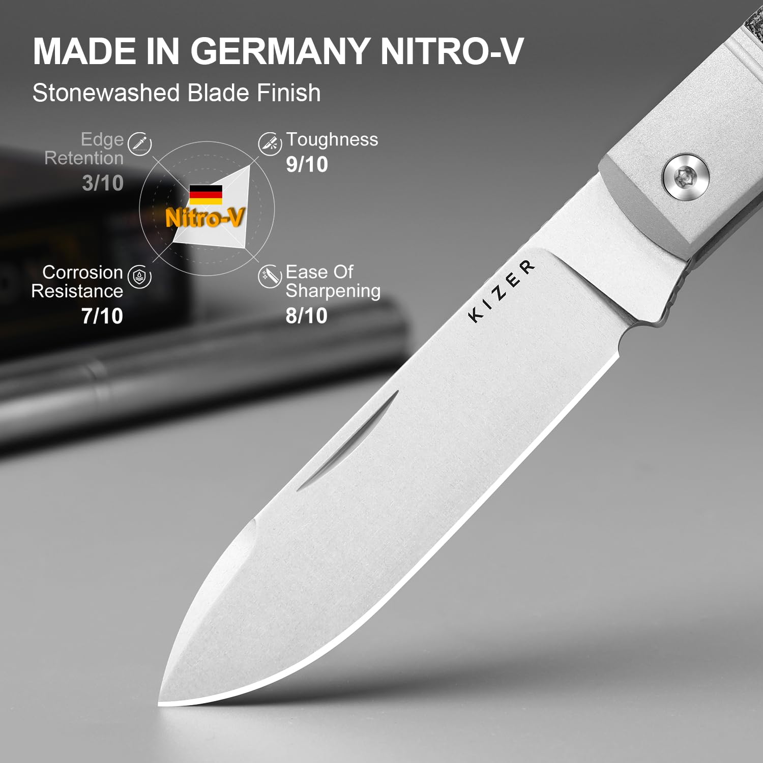 Kizer Trestle D Taschenmesser, 7,5 cm Nitro-V-Klinge und Silber-Aluminium mit Schwarz Norplex UltreX™ Micarta Griff, Kleines EDC Klappmesser, V3760A1