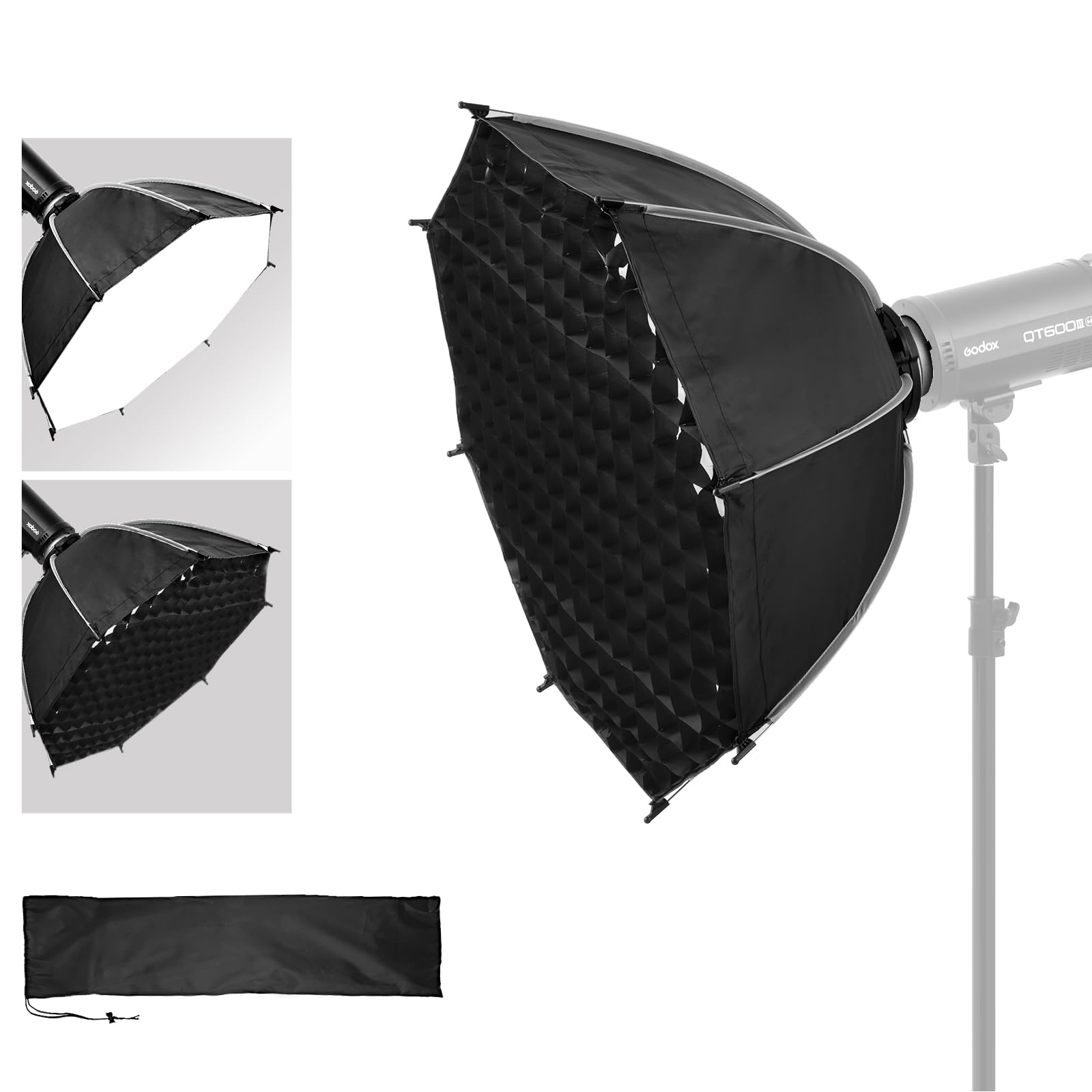 Bowens Mount Softbox, 23.6"/60cm Quick Fold Octagonal Softbox with Grid | Quick-Release Umbrella Design, 8 Reinforced Ribs, Honeycomb Grid & Diffusers Provide Soft Light for Studio, Portrait, Video