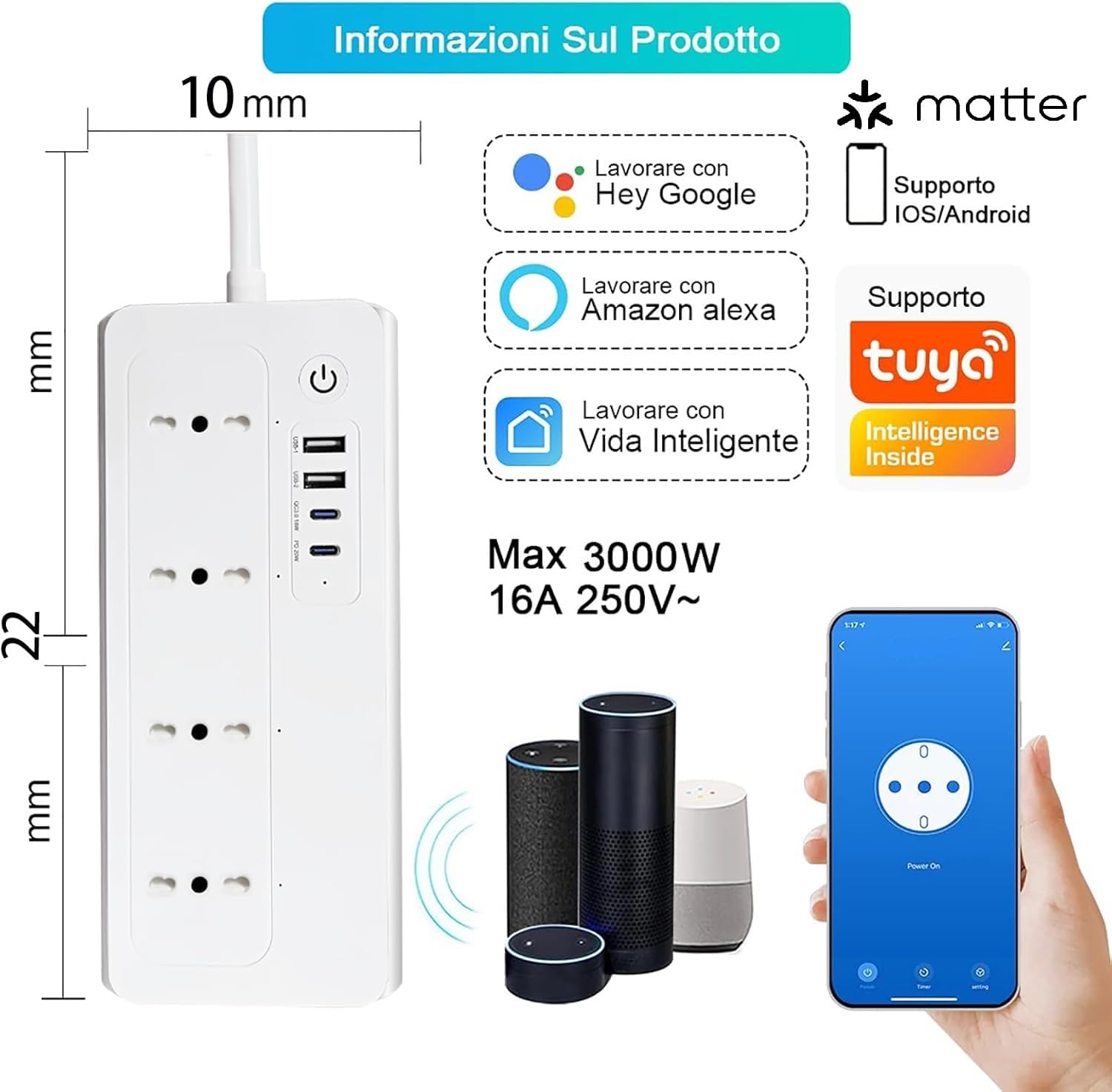 Ciabatta Multipresa Matter con USB C 20W, Multipresa Smart WiFi Caricatore Rapido USB C Matter Simple Setup, Compatibile con Alexa, Apple HomeKit e Google, 16A, 4 Prese, 2 USB C, 1,5M