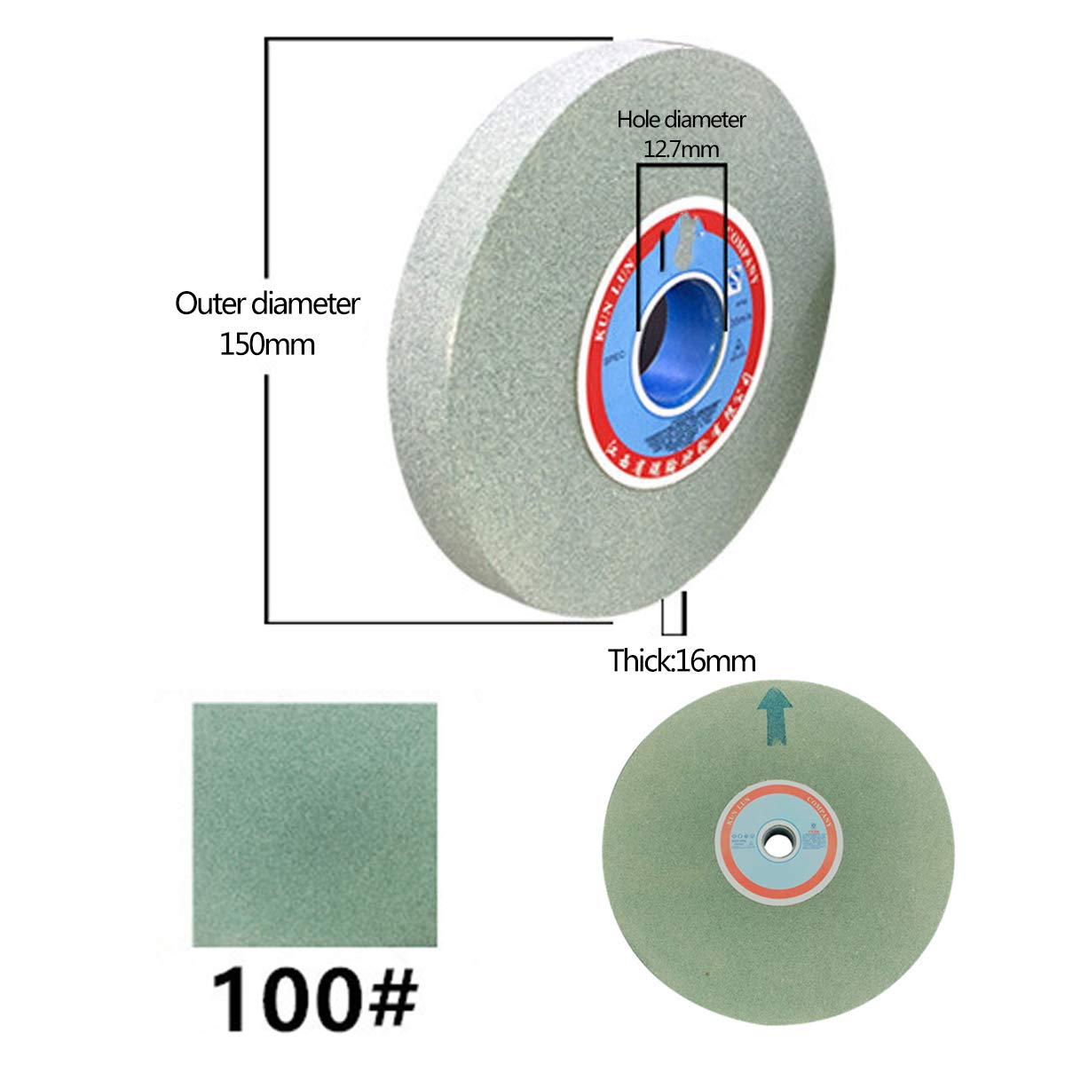 Tarcze szlifierskie, Materiał ławki: Zielony węglik krzemu, Średnica zewnętrzna: 150 mm, otworu: 12,7, Grubość: 16(100 Grit)