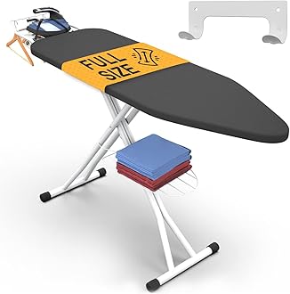 Full Size Ironing Board 57" X 15" with Wall Mount Hanger, Full Metal Construction Iron Board, Built in Iron Caddy, Heat & Scorch Resistant Fabric, Cord Holder (Gray, 15 x 57 Inches)