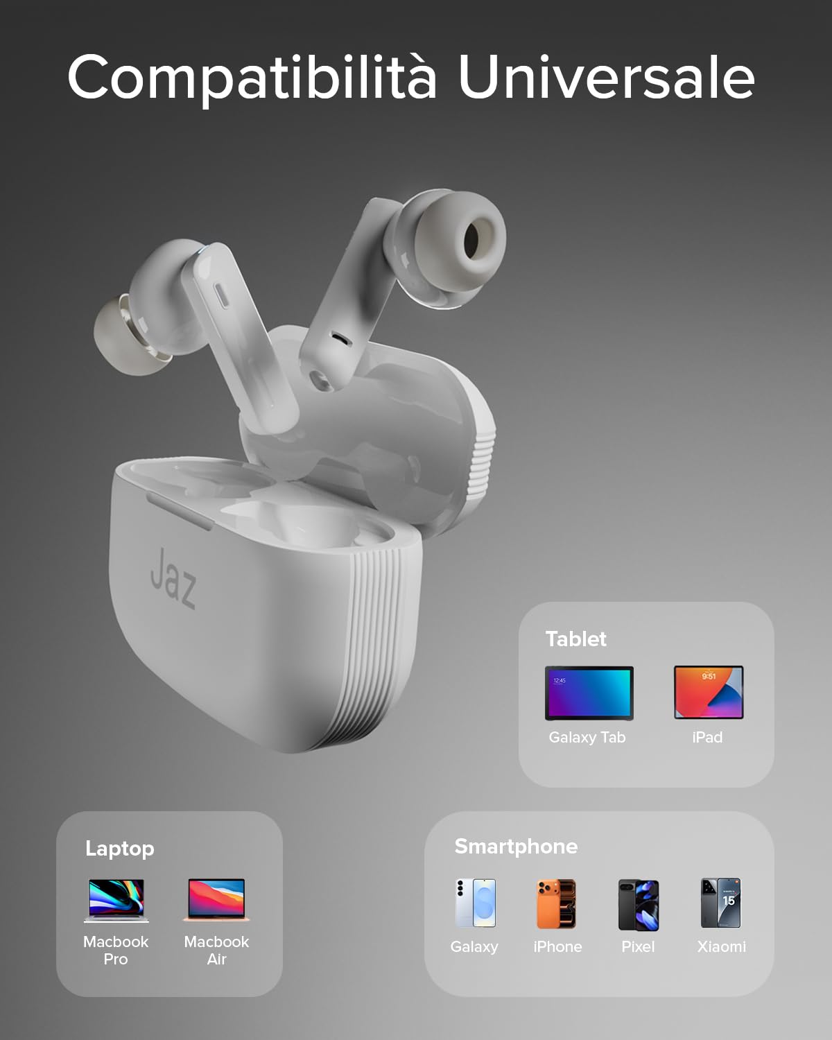JAZ Maks - Cuffie Auricolari In-Ear True Wireless Stereo, Cancellazione del Rumore Attiva, Custodia di Ricarica, Microfono HD, Controlli Touch, per Smartphone, Tablet, Laptop, 24 Ore