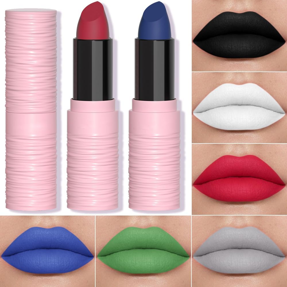 Lápiz labial mate para festival, tinte de labios blanco, brillo de labios en barra de pintura facial sedoso de alto pigmento, terciopelo suave, impermeable, blanco, negro, verde, azul, brillo 6