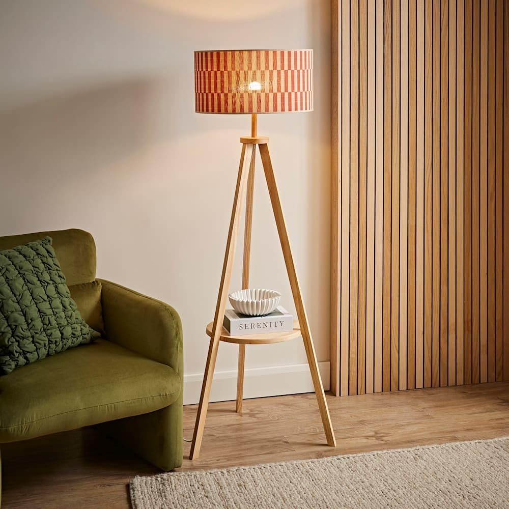 ValueLights Morrigan Orange Checkerboard Bamboo Tripod Floor Lamp with Shelf - LED Bulb Included