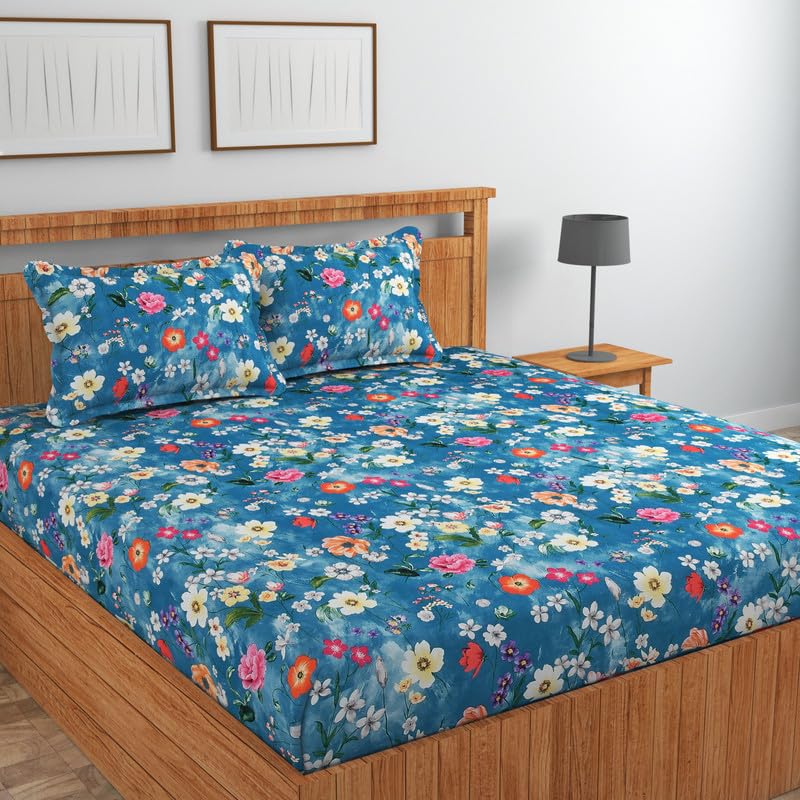 Image of NEW LEAF Cotton Fitted King Size Bedsheets with 2 Pillow Covers | Elastic Fitted | Wrinklefree | Ultrasoft |Winter Bedsheet 220 tc tc Floral | 710x72+10 Inches, Blue White