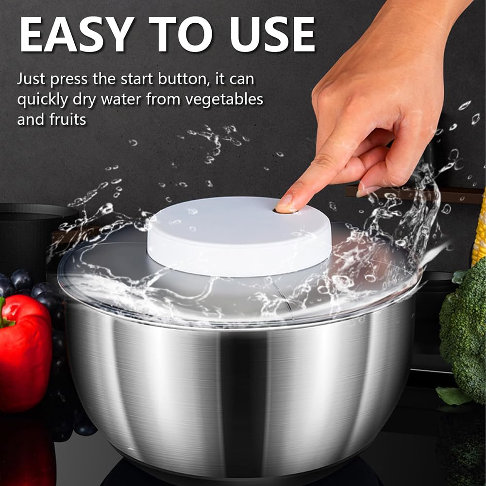 Rotatore elettrico per insalata, ricaricabile tramite USB, 4,8 l, in acciaio inox, per frutta e verdura, per verdure fresche