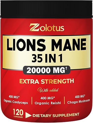 35 in 1 Lions Mane Mushroom Capsules, Equivalent to 20000mg, with Cordeyceps, Reishi, Elderberry, Panax Ginseng, Focus, Memory & Brain Support
